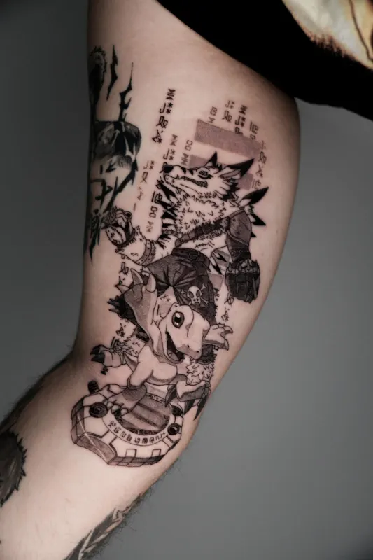 Anime Tattoo von Wanja — Digimon Greymon mit japanischen Schriftzeichen, Memorink Heilbronn
