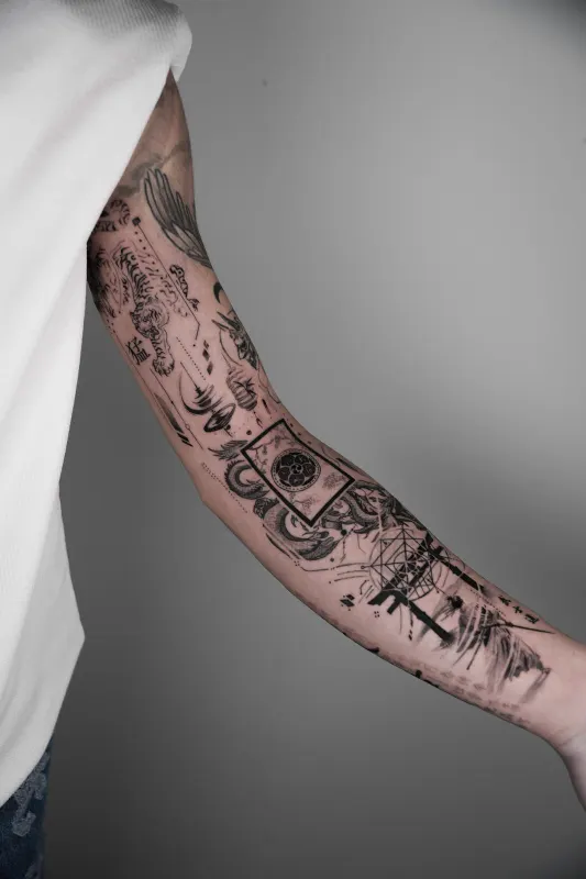 Microrealism Tattoo von Wanja — Japanischer Tiger Sleeve mit Ornamenten, Memorink Heilbronn