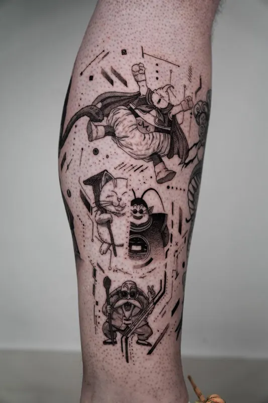 Fineline Tattoo von Wanja — One Piece Patchwork-Komposition, Memorink Heilbronn